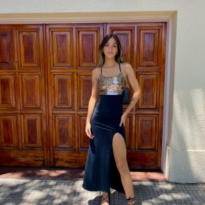 Art. 823-MF Vestido largo microfibra esp tiras combi lentejuelas