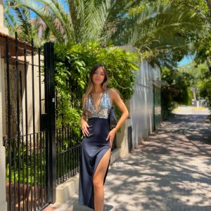 Art. 824-MF Vestido largo microfibra combi lentejuela cruzado esp