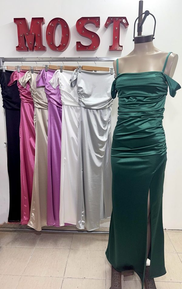 Art. 864-SAT Vestido largo saten hombro caido y frunce - Imagen 3