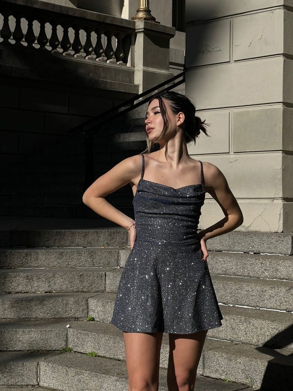 Art. 836-CB Vestido glitter campana tiras atrás