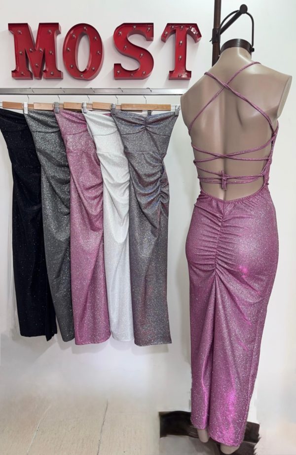 Art. 857-CB Vestido largo glitter frunce pecho y cola - Imagen 4