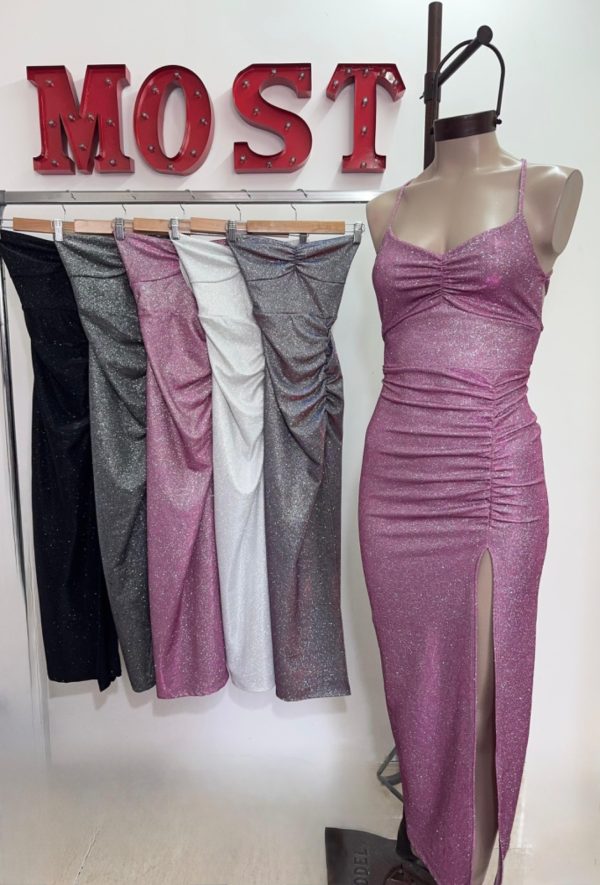 Art. 857-CB Vestido largo glitter frunce pecho y cola - Imagen 3