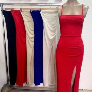 Art. 844-CB-MF1 Vestido largo microfibra glitter tiras espalda