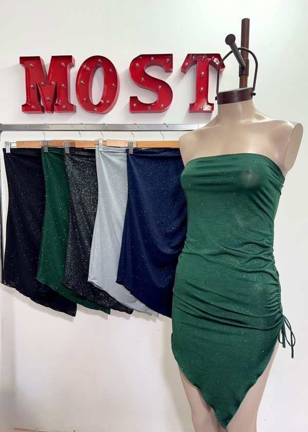 Art. 869-CB-MF1 Vestido micro glitter strapless irregular frunce - Imagen 2