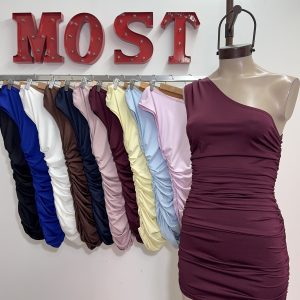 Art. 880-MF Vestido microfibra un solo hombro frunce lateral