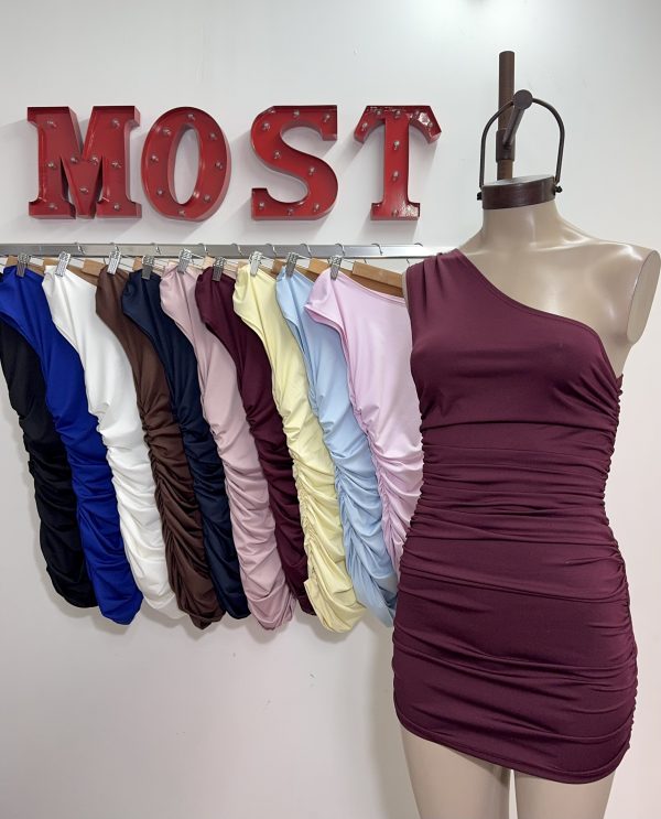 Art. 880-MF Vestido microfibra un solo hombro frunce lateral