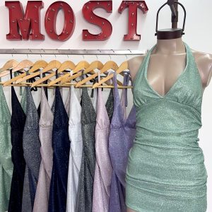 Art. 874-CB Vestido glitter atado y frunce pecho