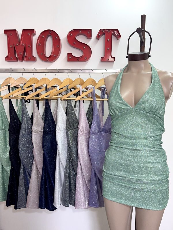 Art. 874-CB Vestido glitter atado y frunce pecho